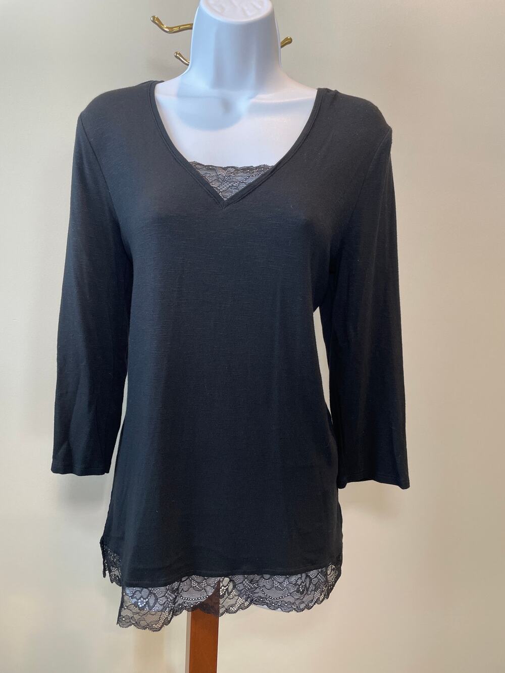 White House Black Market Lace Trim Tunic Top Size M Black Long Sleeves